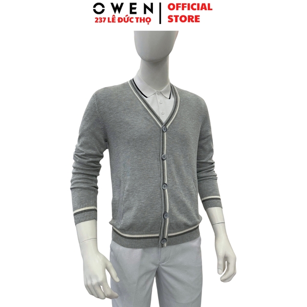 Áo Len Nam Owen ALD256005 màu xám nhạt áo khoác len dáng suông regular fit cổ tim chữ V chất liệu Acrylic