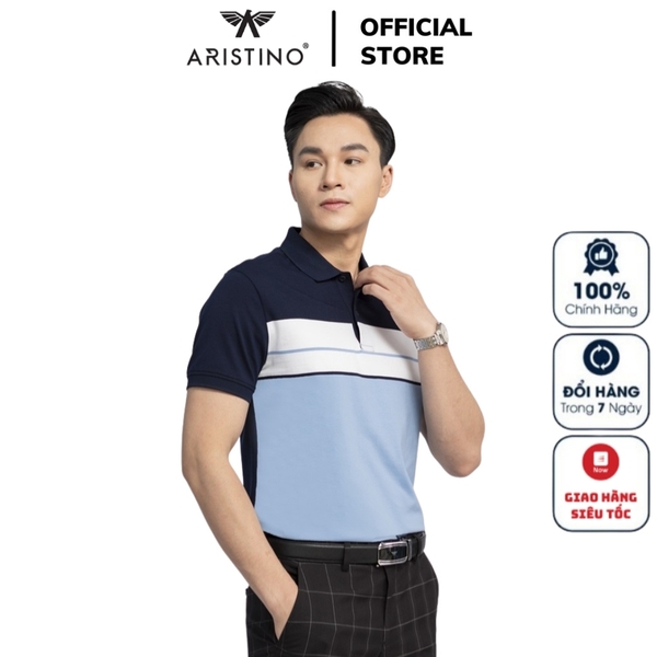 Áo Thun Polo Nam Cổ Bẻ Aristino APS124S3 màu Xanh tím than 29 kẻ Jacquard
