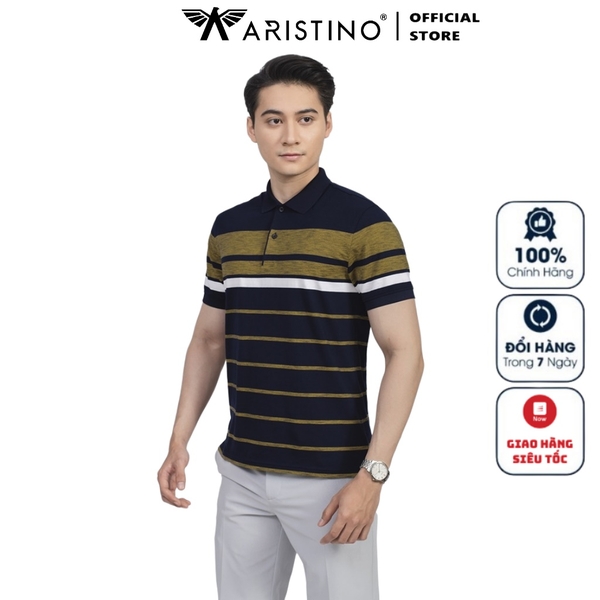 Áo Thun Polo Nam Cổ Bẻ Aristino APS001S2 Màu Xanh Rêu 12 Kẻ Dáng Suông Vừa Vải Cotton Cao Cấp Mềm Mát