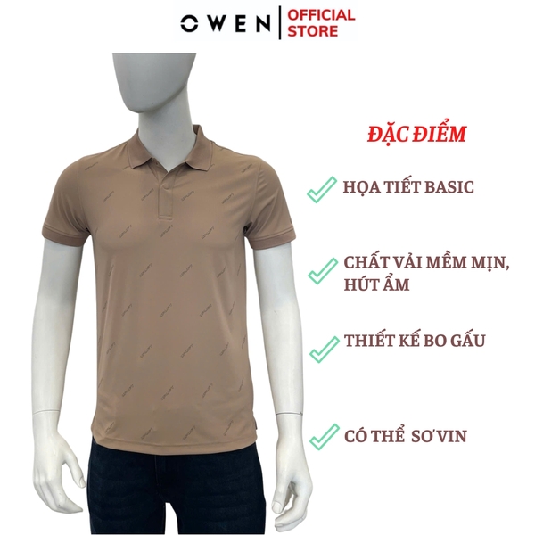 Áo Thun polo Nam Tay Ngắn Có Cổ Owen APV257013 màu be đậm dáng suông body fit tà xẻ hai bên chất liệu nylon spandex
