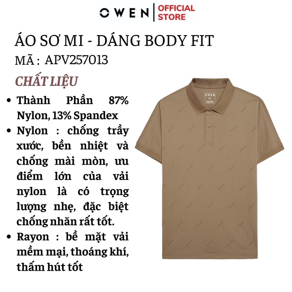Áo Thun polo Nam Tay Ngắn Có Cổ Owen APV257013 màu be đậm dáng suông body fit tà xẻ hai bên chất liệu nylon spandex