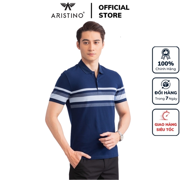 Áo Thun Polo Nam Cổ Bẻ Aristino APS016S3 màu Xanh tím than 5 kẻ Jacquard
