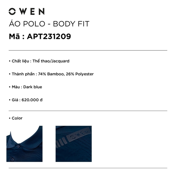 Áo Thun polo Nam Tay Ngắn Có Cổ Owen APT231209 màu dark blue dáng body fit vải sợi tre