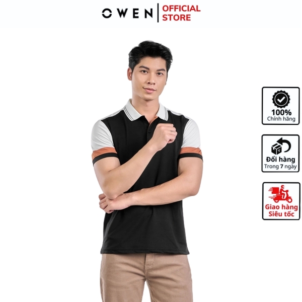 Áo thun polo Nam Tay Ngắn Có Cổ Owen APV231395 màu trắng phối đen dáng body fit tà bằng Chất Vải PE Cool