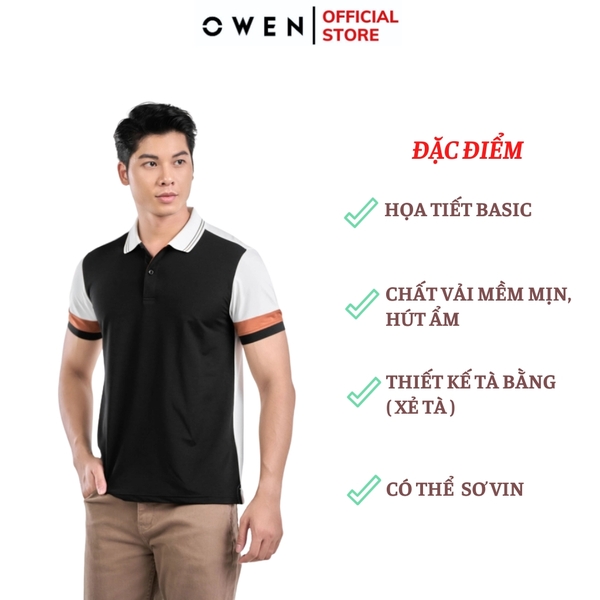Áo thun polo Nam Tay Ngắn Có Cổ Owen APV231395 màu trắng phối đen dáng body fit tà bằng Chất Vải PE Cool