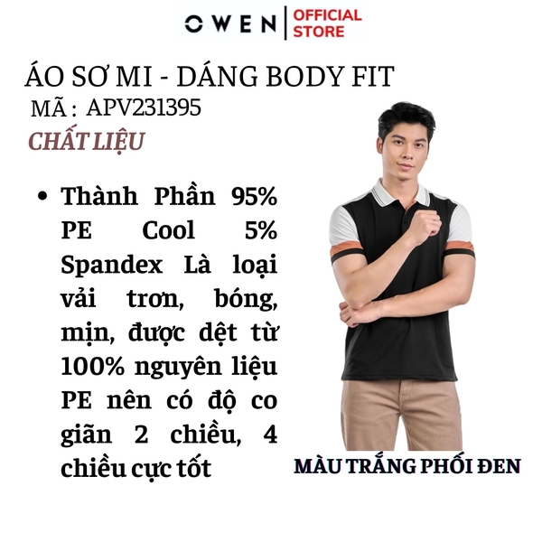 Áo thun polo Nam Tay Ngắn Có Cổ Owen APV231395 màu trắng phối đen dáng body fit tà bằng Chất Vải PE Cool