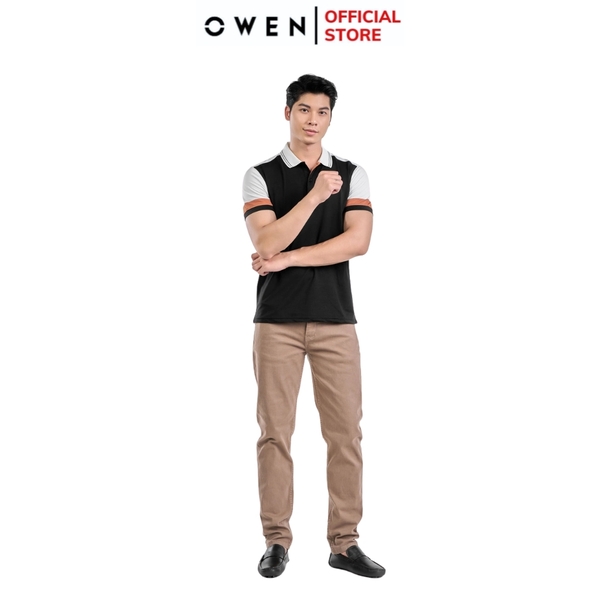 Áo thun polo Nam Tay Ngắn Có Cổ Owen APV231395 màu trắng phối đen dáng body fit tà bằng Chất Vải PE Cool