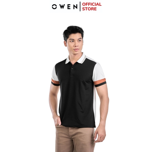Áo thun polo Nam Tay Ngắn Có Cổ Owen APV231395 màu trắng phối đen dáng body fit tà bằng Chất Vải PE Cool