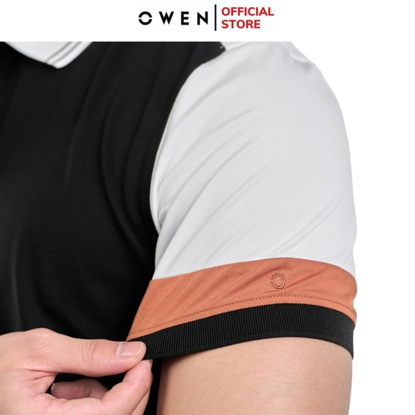 Áo thun polo Nam Tay Ngắn Có Cổ Owen APV231395 màu trắng phối đen dáng body fit tà bằng Chất Vải PE Cool