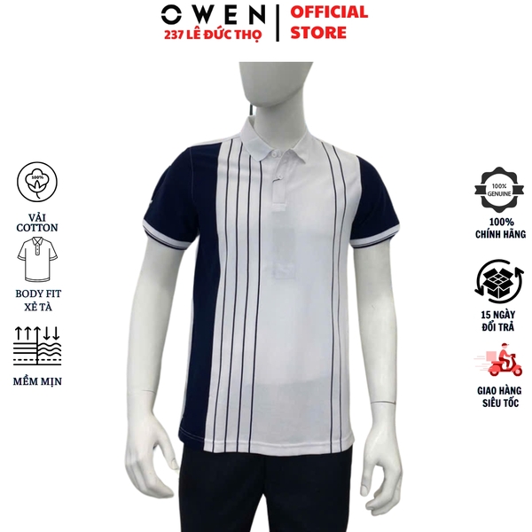 Áo thun polo Nam Tay Ngắn Có Cổ Owen APV233191 màu trắng phối xanh navy dáng body fit tà bằng chất liệu cotton