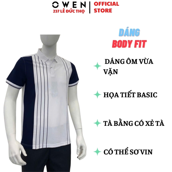 Áo thun polo Nam Tay Ngắn Có Cổ Owen APV233191 màu trắng phối xanh navy dáng body fit tà bằng chất liệu cotton