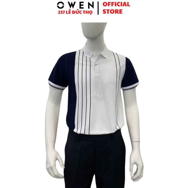 Áo thun polo Nam Tay Ngắn Có Cổ Owen APV233191 màu trắng phối xanh navy dáng body fit tà bằng chất liệu cotton