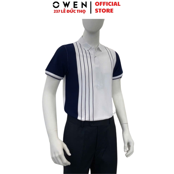 Áo thun polo Nam Tay Ngắn Có Cổ Owen APV233191 màu trắng phối xanh navy dáng body fit tà bằng chất liệu cotton
