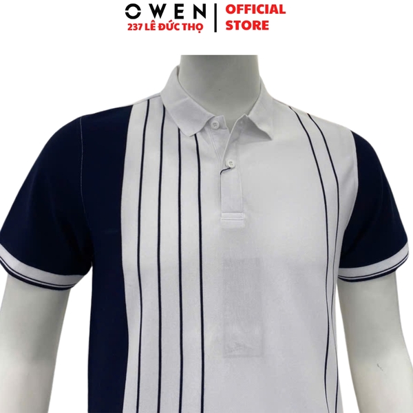 Áo thun polo Nam Tay Ngắn Có Cổ Owen APV233191 màu trắng phối xanh navy dáng body fit tà bằng chất liệu cotton