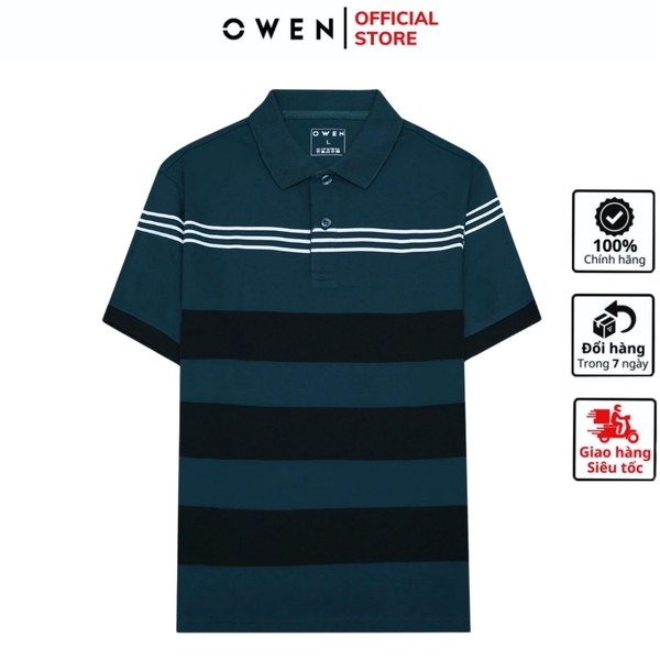 Áo Thun polo Nam Tay Ngắn Có Cổ Owen APV233204 màu xanh kẻ ngang đen trắng dáng body fit tà bằng chất liệu cotton poly