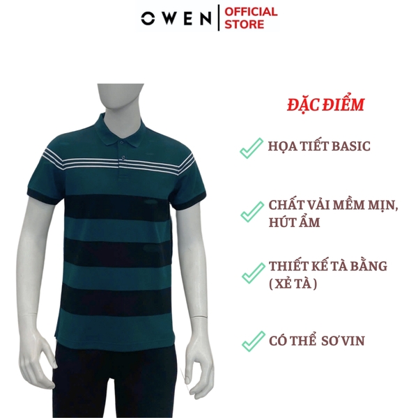 Áo Thun polo Nam Tay Ngắn Có Cổ Owen APV233204 màu xanh kẻ ngang đen trắng dáng body fit tà bằng chất liệu cotton poly