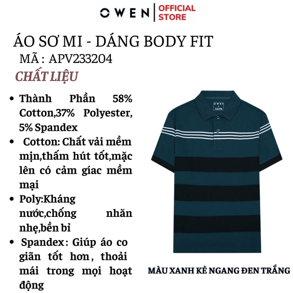 Áo Thun polo Nam Tay Ngắn Có Cổ Owen APV233204 màu xanh kẻ ngang đen trắng dáng body fit tà bằng chất liệu cotton poly