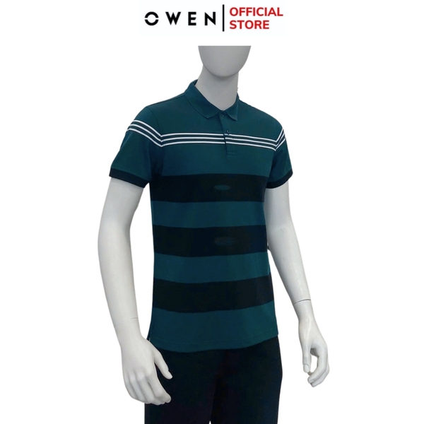 Áo Thun polo Nam Tay Ngắn Có Cổ Owen APV233204 màu xanh kẻ ngang đen trắng dáng body fit tà bằng chất liệu cotton poly