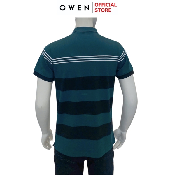Áo Thun polo Nam Tay Ngắn Có Cổ Owen APV233204 màu xanh kẻ ngang đen trắng dáng body fit tà bằng chất liệu cotton poly