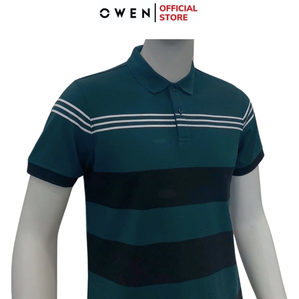 Áo Thun polo Nam Tay Ngắn Có Cổ Owen APV233204 màu xanh kẻ ngang đen trắng dáng body fit tà bằng chất liệu cotton poly