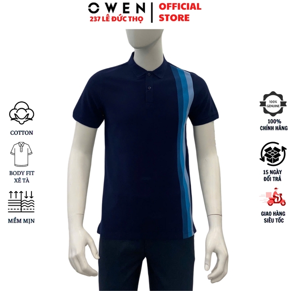 Áo Thun polo Nam Tay Ngắn Có Cổ Owen APV233208 màu xanh navy phối sọc dáng suông body fit tà bằng chất liệu cotton