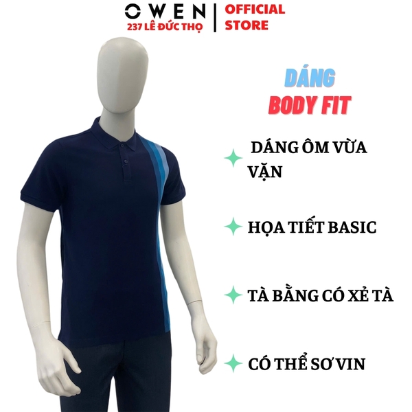 Áo Thun polo Nam Tay Ngắn Có Cổ Owen APV233208 màu xanh navy phối sọc dáng suông body fit tà bằng chất liệu cotton