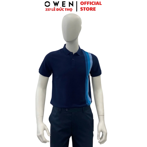 Áo Thun polo Nam Tay Ngắn Có Cổ Owen APV233208 màu xanh navy phối sọc dáng suông body fit tà bằng chất liệu cotton
