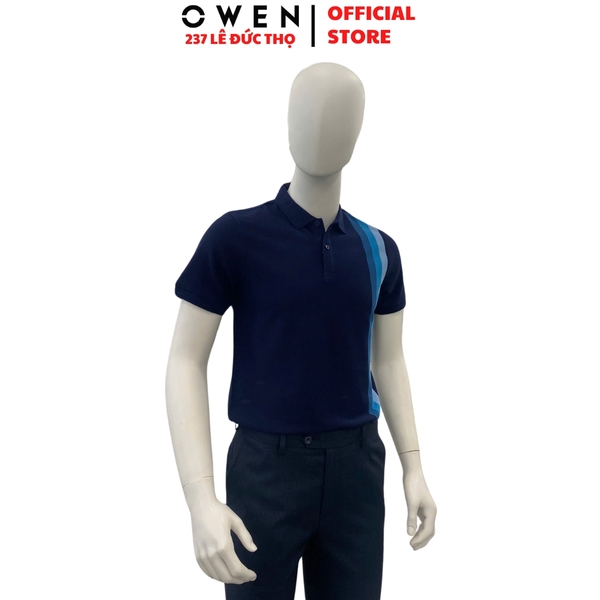 Áo Thun polo Nam Tay Ngắn Có Cổ Owen APV233208 màu xanh navy phối sọc dáng suông body fit tà bằng chất liệu cotton