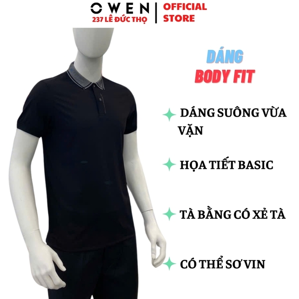 Áo thun polo Nam Tay Ngắn Có Cổ Owen APV251288 màu đen dáng body fit tà bằng chất liệu Nylon