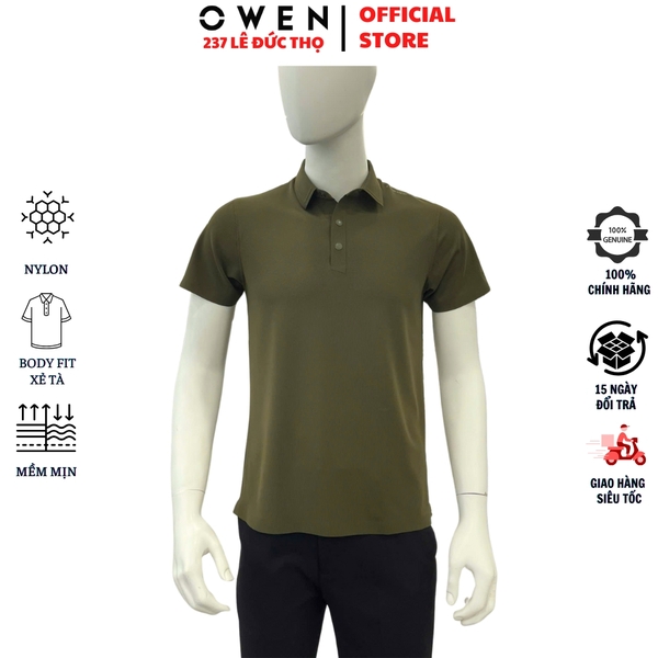 Áo thun polo Nam Tay Ngắn Có Cổ Owen APV253603 Màu xanh lá dáng body fit tà bằng chất liệu Nylon