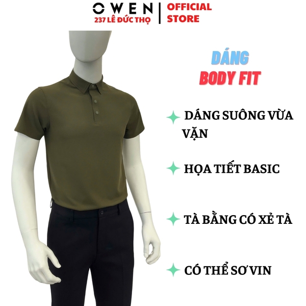 Áo thun polo Nam Tay Ngắn Có Cổ Owen APV253603 Màu xanh lá dáng body fit tà bằng chất liệu Nylon