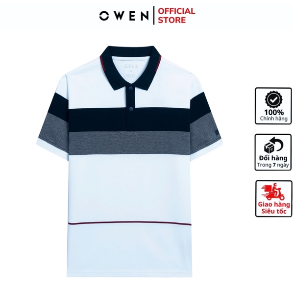 Áo thun polo Nam Tay Ngắn Có Cổ Owen APV253610 màu trắng phối xanh dáng suông tà bằng xẻ tà chất liệu cotton