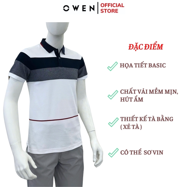 Áo thun polo Nam Tay Ngắn Có Cổ Owen APV253610 màu trắng phối xanh dáng suông tà bằng xẻ tà chất liệu cotton