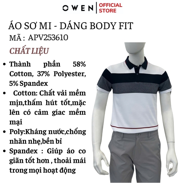 Áo thun polo Nam Tay Ngắn Có Cổ Owen APV253610 màu trắng phối xanh dáng suông tà bằng xẻ tà chất liệu cotton