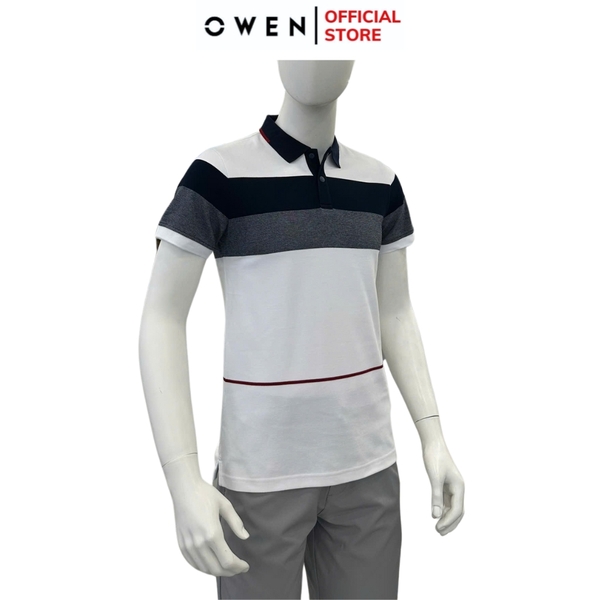 Áo thun polo Nam Tay Ngắn Có Cổ Owen APV253610 màu trắng phối xanh dáng suông tà bằng xẻ tà chất liệu cotton