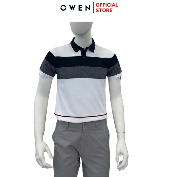 Áo thun polo Nam Tay Ngắn Có Cổ Owen APV253610 màu trắng phối xanh dáng suông tà bằng xẻ tà chất liệu cotton