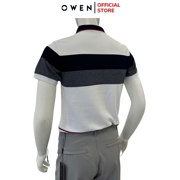 Áo thun polo Nam Tay Ngắn Có Cổ Owen APV253610 màu trắng phối xanh dáng suông tà bằng xẻ tà chất liệu cotton