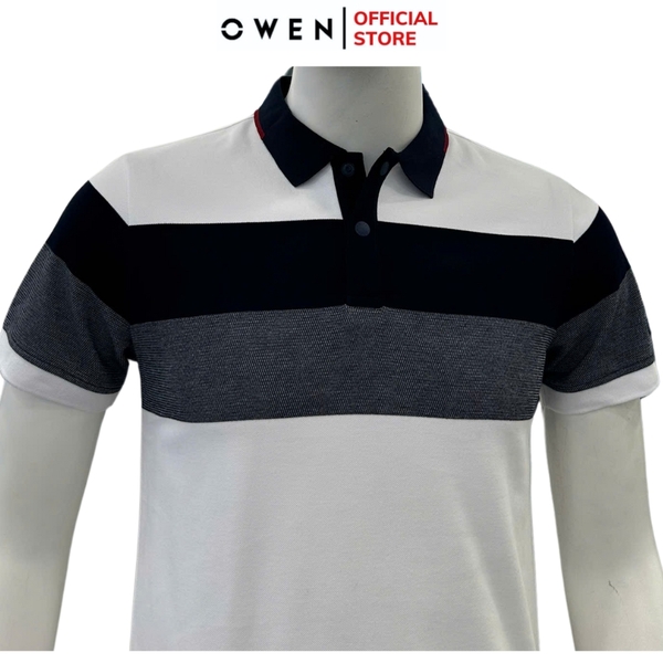 Áo thun polo Nam Tay Ngắn Có Cổ Owen APV253610 màu trắng phối xanh dáng suông tà bằng xẻ tà chất liệu cotton