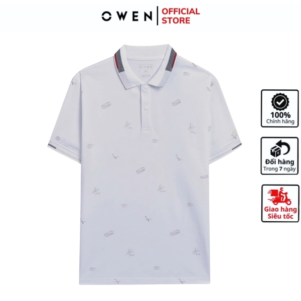 Áo thun polo Nam Tay Ngắn Có Cổ Owen APV253611 màu trắng in họa tiết dáng suông tà bằng xẻ tà chất liệu cotton