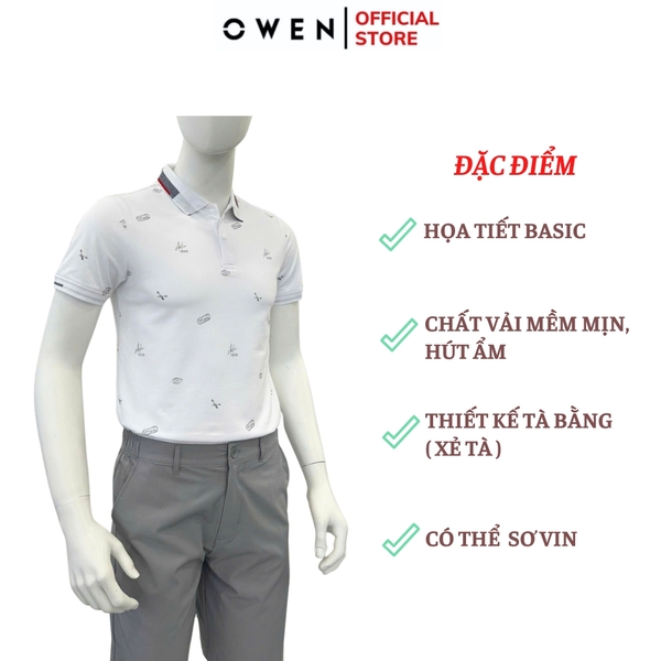 Áo thun polo Nam Tay Ngắn Có Cổ Owen APV253611 màu trắng in họa tiết dáng suông tà bằng xẻ tà chất liệu cotton