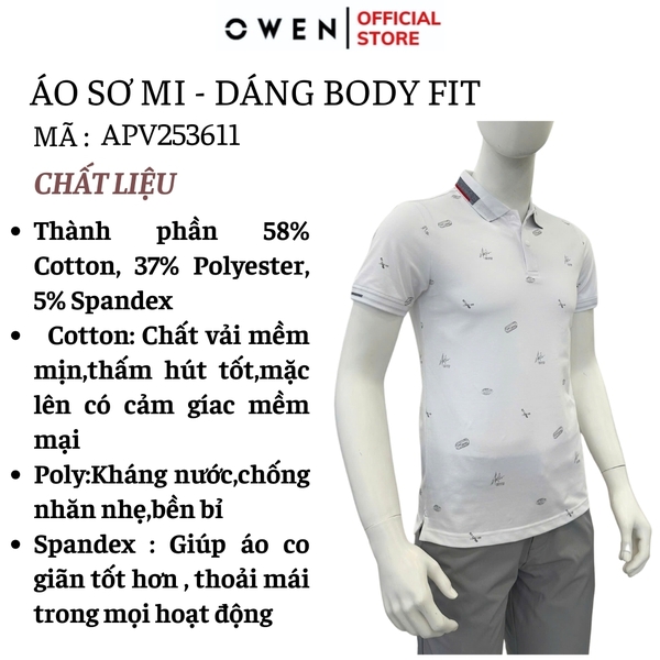 Áo thun polo Nam Tay Ngắn Có Cổ Owen APV253611 màu trắng in họa tiết dáng suông tà bằng xẻ tà chất liệu cotton