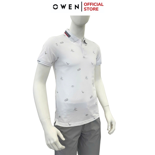 Áo thun polo Nam Tay Ngắn Có Cổ Owen APV253611 màu trắng in họa tiết dáng suông tà bằng xẻ tà chất liệu cotton