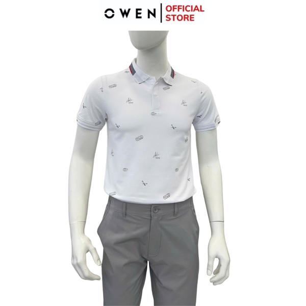 Áo thun polo Nam Tay Ngắn Có Cổ Owen APV253611 màu trắng in họa tiết dáng suông tà bằng xẻ tà chất liệu cotton