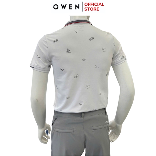 Áo thun polo Nam Tay Ngắn Có Cổ Owen APV253611 màu trắng in họa tiết dáng suông tà bằng xẻ tà chất liệu cotton