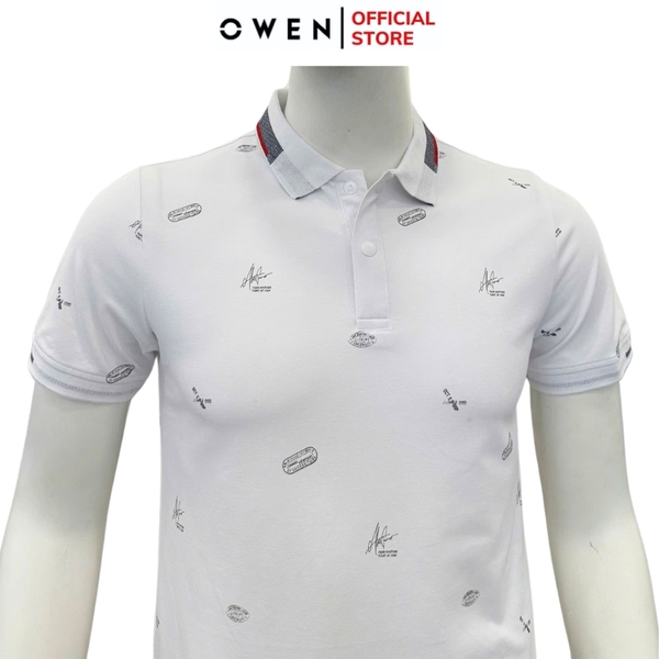 Áo thun polo Nam Tay Ngắn Có Cổ Owen APV253611 màu trắng in họa tiết dáng suông tà bằng xẻ tà chất liệu cotton