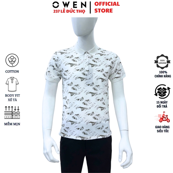 Áo thun polo Nam Tay Ngắn Có Cổ Owen APV253616 màu trắng in họa tiết xanh lá nhạt dáng body fit tà bằng Chất liệu CVC Spandex