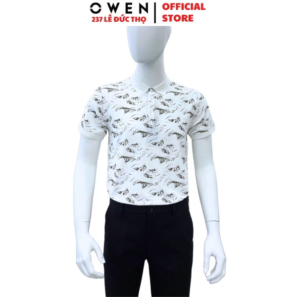 Áo thun polo Nam Tay Ngắn Có Cổ Owen APV253616 màu trắng in họa tiết xanh lá nhạt dáng body fit tà bằng Chất liệu CVC Spandex