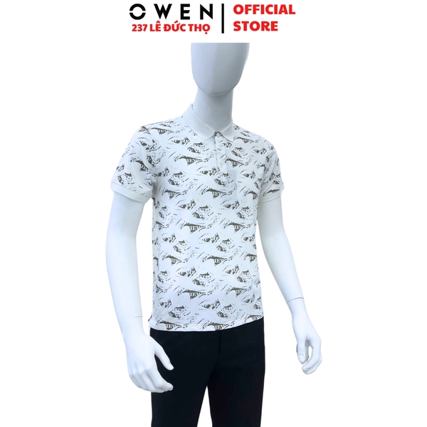 Áo thun polo Nam Tay Ngắn Có Cổ Owen APV253616 màu trắng in họa tiết xanh lá nhạt dáng body fit tà bằng Chất liệu CVC Spandex