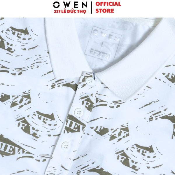 Áo thun polo Nam Tay Ngắn Có Cổ Owen APV253616 màu trắng in họa tiết xanh lá nhạt dáng body fit tà bằng Chất liệu CVC Spandex