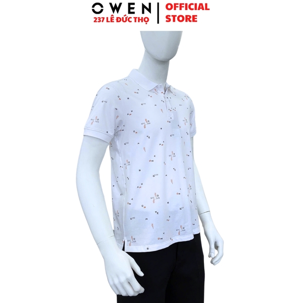 Áo thun polo Nam Tay Ngắn Có Cổ Owen APV253617 màu trắng in họa tiết dáng body fit tà bằng Chất liệu CVC Spandex